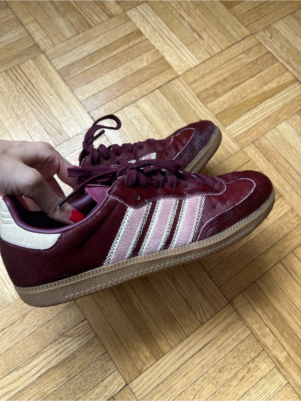 Adidas Women’s Burgundy Pony Hair Sneakers with Pink Stripes